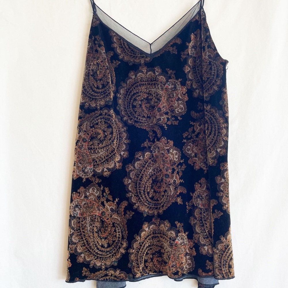 Black Velvet Gold Medallion Print Mesh Trim Tank